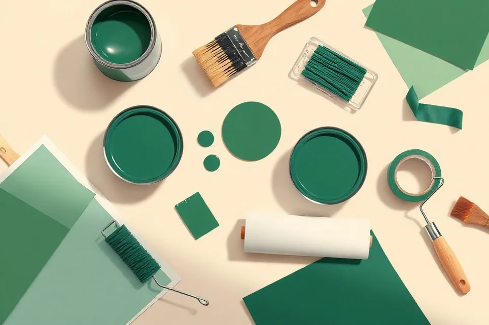 Pots de peinture, nuancier, brosses et rouleaux disposés à plat