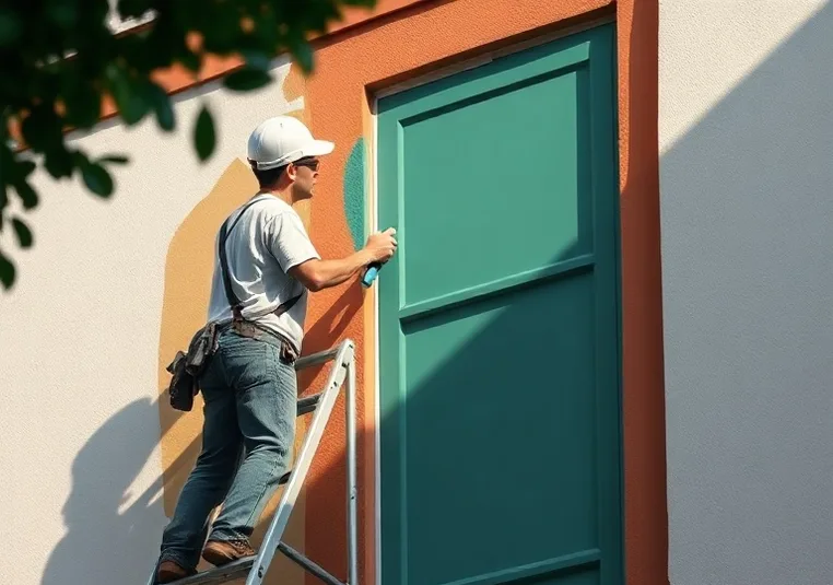 Peintre sur échafaudage traitant la façade d'une maison