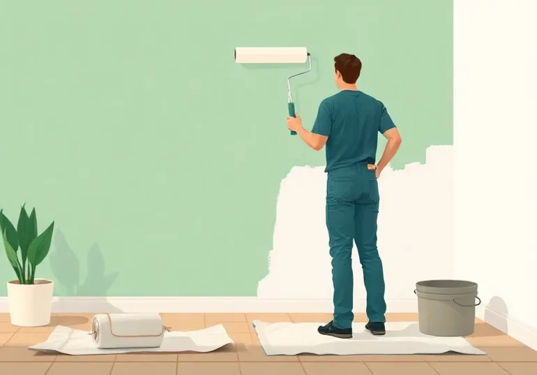 Peintre appliquant la peinture au rouleau sur un mur de salon